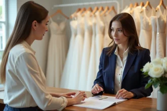 Femme négociant le prix de sa robe de mariée avec une conseillère en boutique, autour d'un catalogue et d'une fiche tarifaire