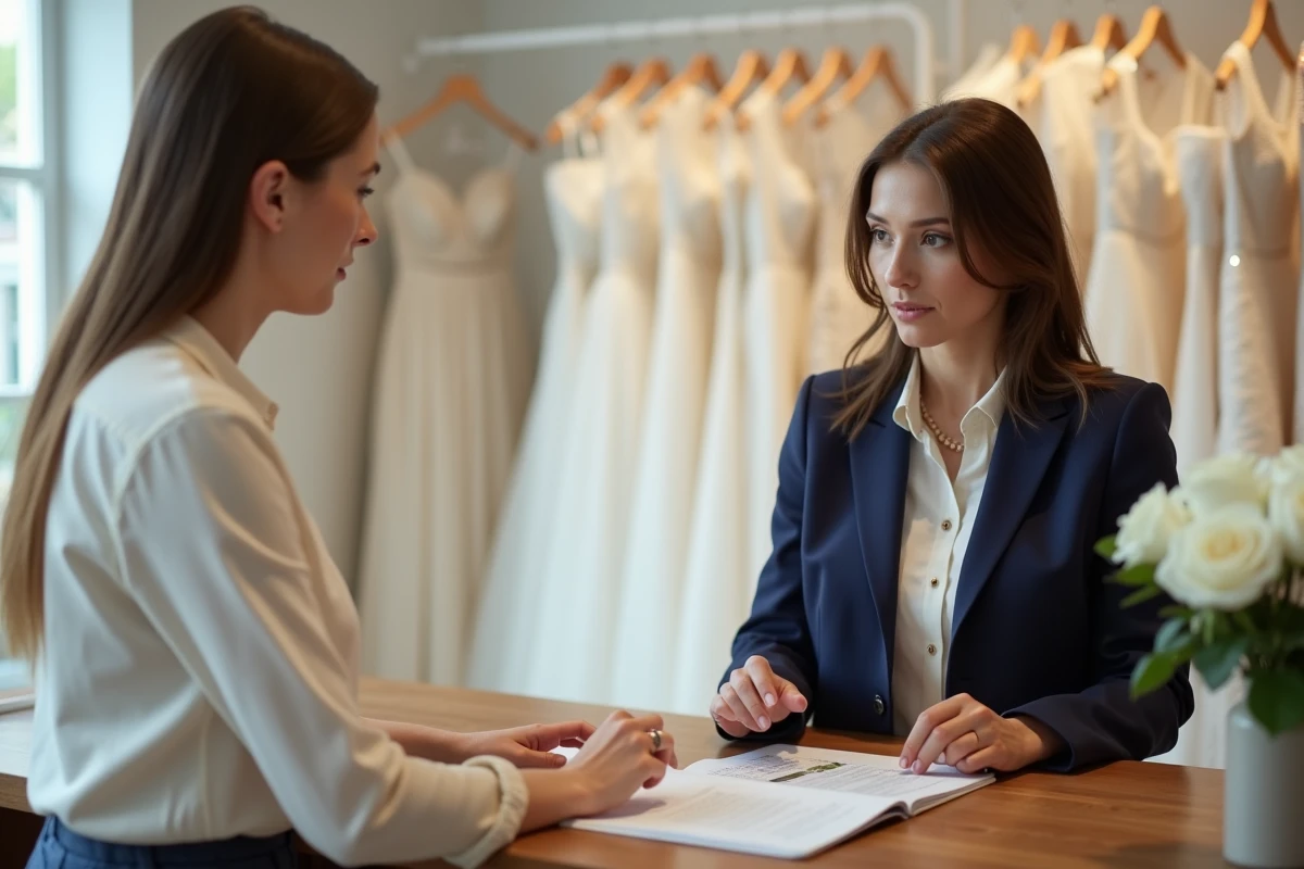 Femme négociant le prix de sa robe de mariée avec une conseillère en boutique, autour d'un catalogue et d'une fiche tarifaire