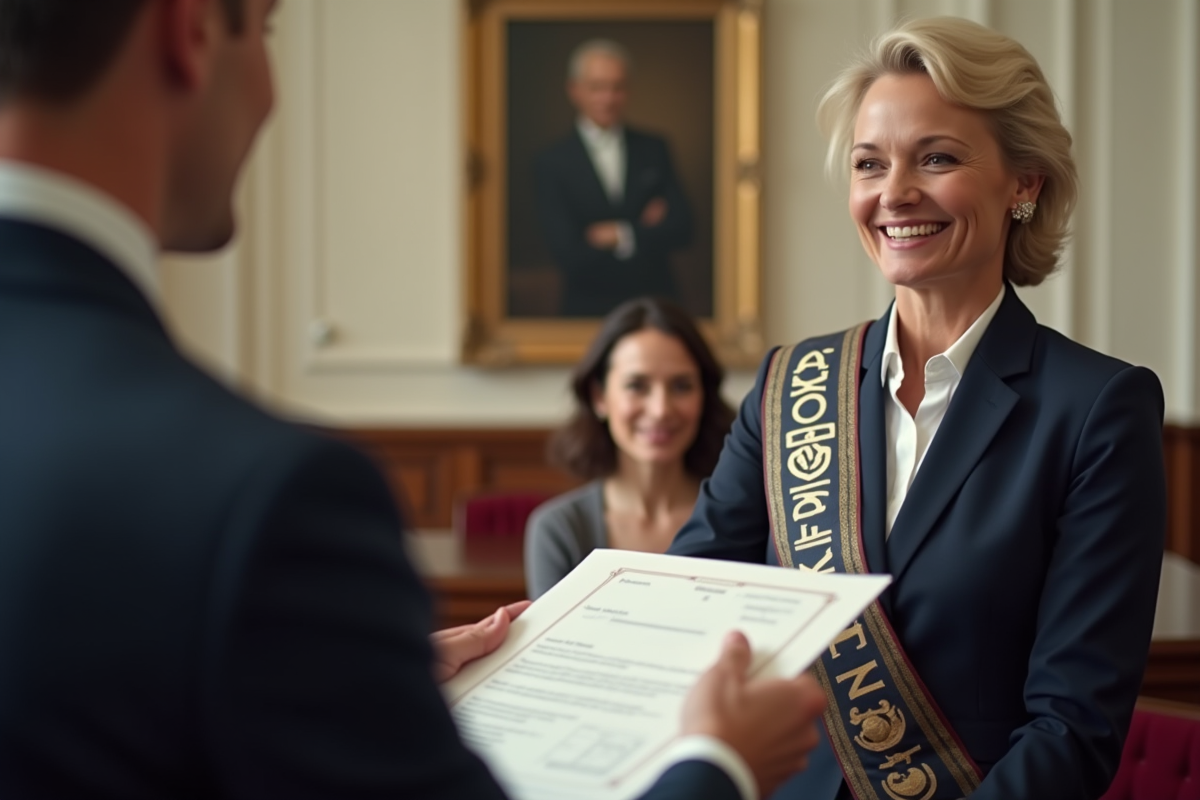 Officielle remettant un certificat de mariage à un couple