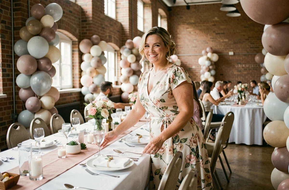 Femme organisant les places assises pour un grand anniversaire dans une salle de réception décorée avec des ballons et des tables dressées