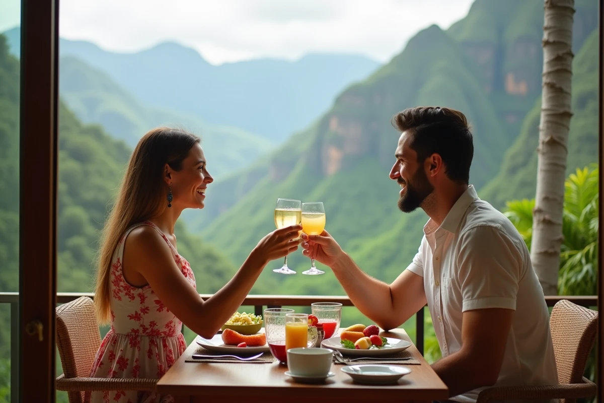 Couple trinquant avec petit déjeuner tropical en Hawaii