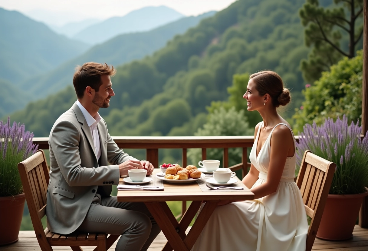 Couple profitant d un petit déjeuner en montagne