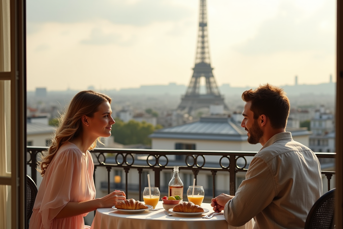 Couple en petit déjeuner avec vue sur la tour Eiffel