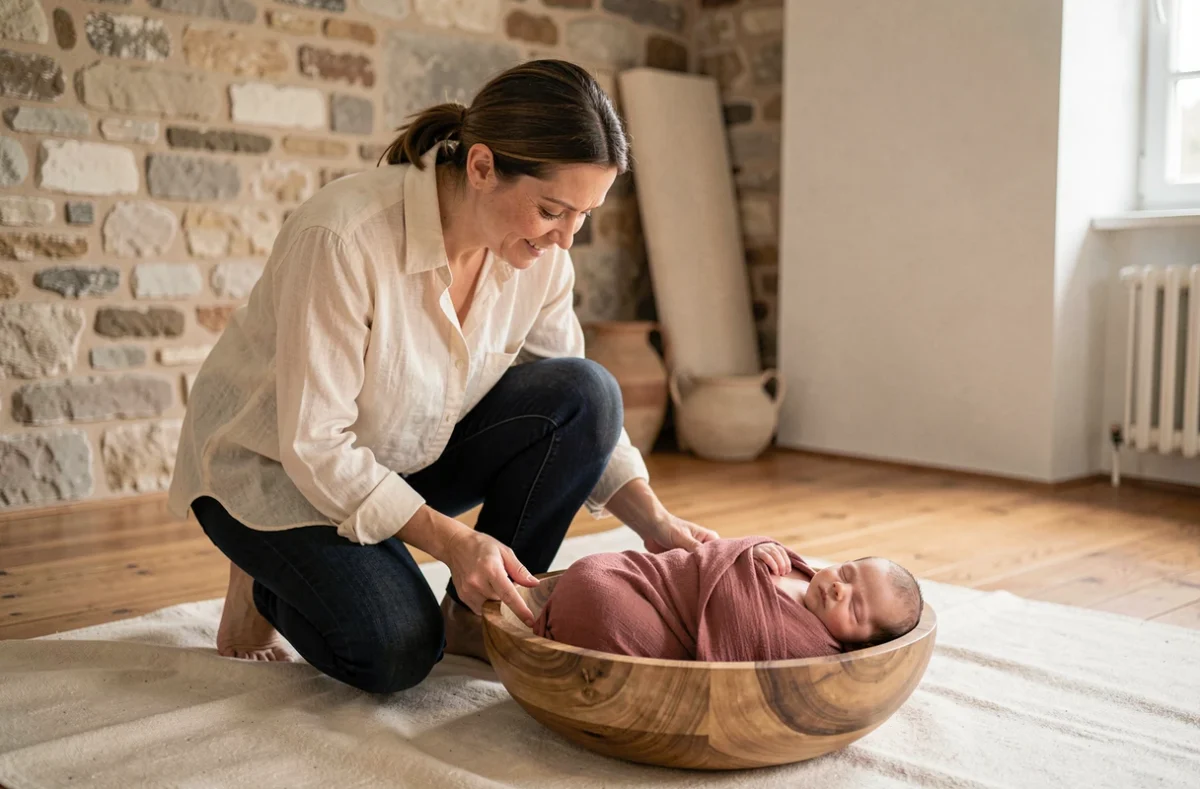 Photographe professionnelle prenant en photo un bébé nouveau-né dans un studio photo à Bordeaux avec décor en pierre apparente