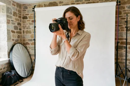 Photographe professionnelle à Béziers dans son studio avec appareil photo reflex, murs en pierre apparente