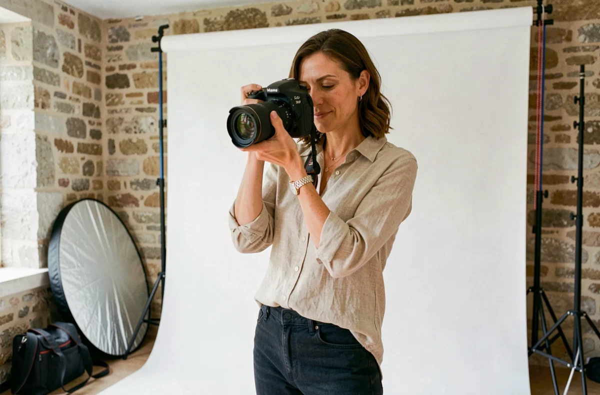 Photographe professionnelle à Béziers dans son studio avec appareil photo reflex, murs en pierre apparente
