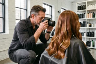 Photographe coiffure en action lors d'une séance photo dans un salon de coiffure moderne