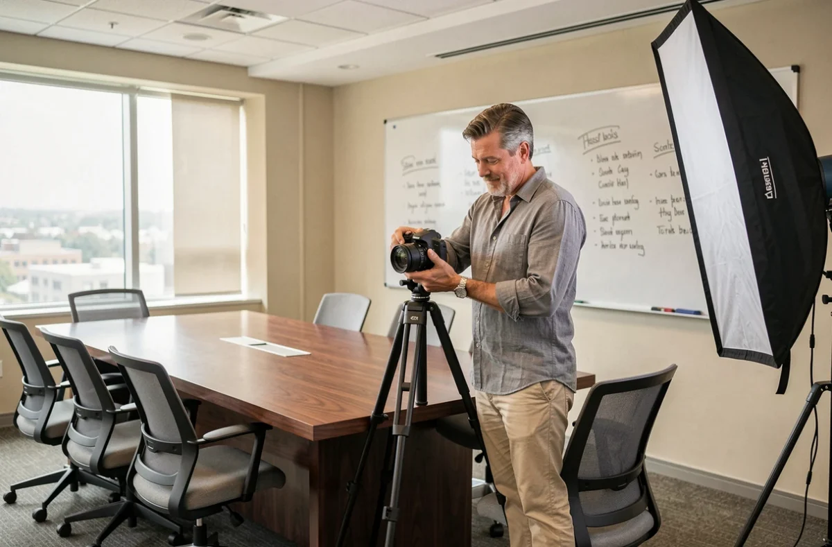Photographe corporate installant un fond blanc pour des portraits professionnels en salle de réunion à Nantes