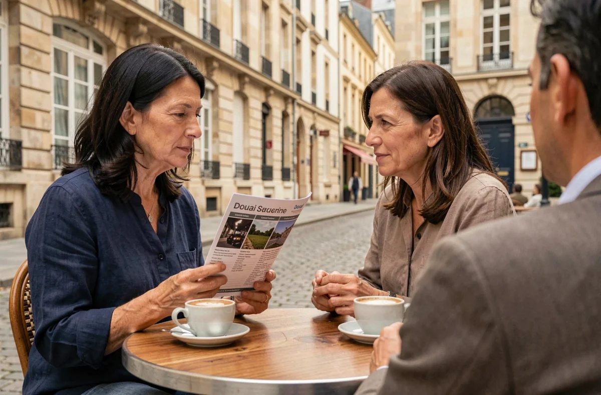 Photographe et client discutant d'un devis photo en terrasse de café dans le centre-ville de Douai