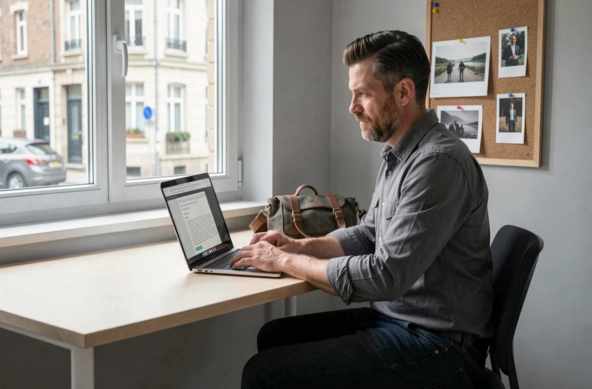 Photographe masculin à Douai rédigeant un devis photo sur ordinateur dans son bureau à domicile