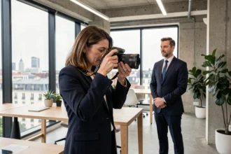 Photographe professionnelle en entreprise à Nantes réalisant un reportage photo corporate dans un open space moderne