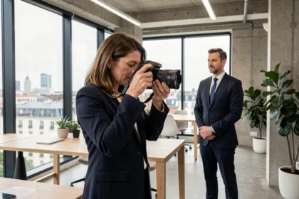 Photographe professionnelle en entreprise à Nantes réalisant un reportage photo corporate dans un open space moderne