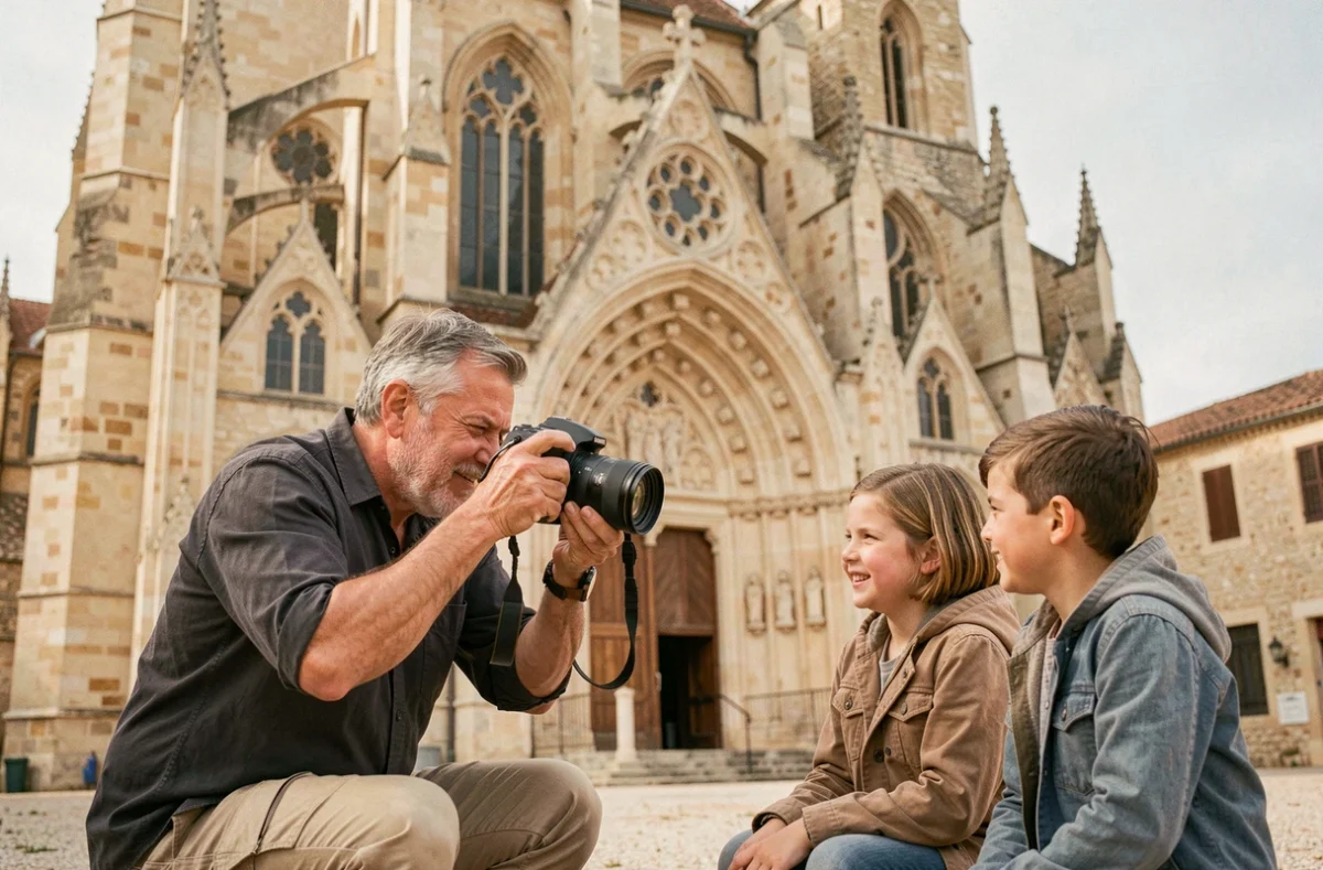 Photographe en action devant la cathédrale Saint-Nazaire de Béziers lors d'une séance photo en extérieur