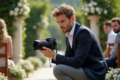 Photographe de mariage professionnel en action lors d'une cérémonie en extérieur dans un jardin de château, illustrant le choix d'un prestataire adapté à votre style de mariage