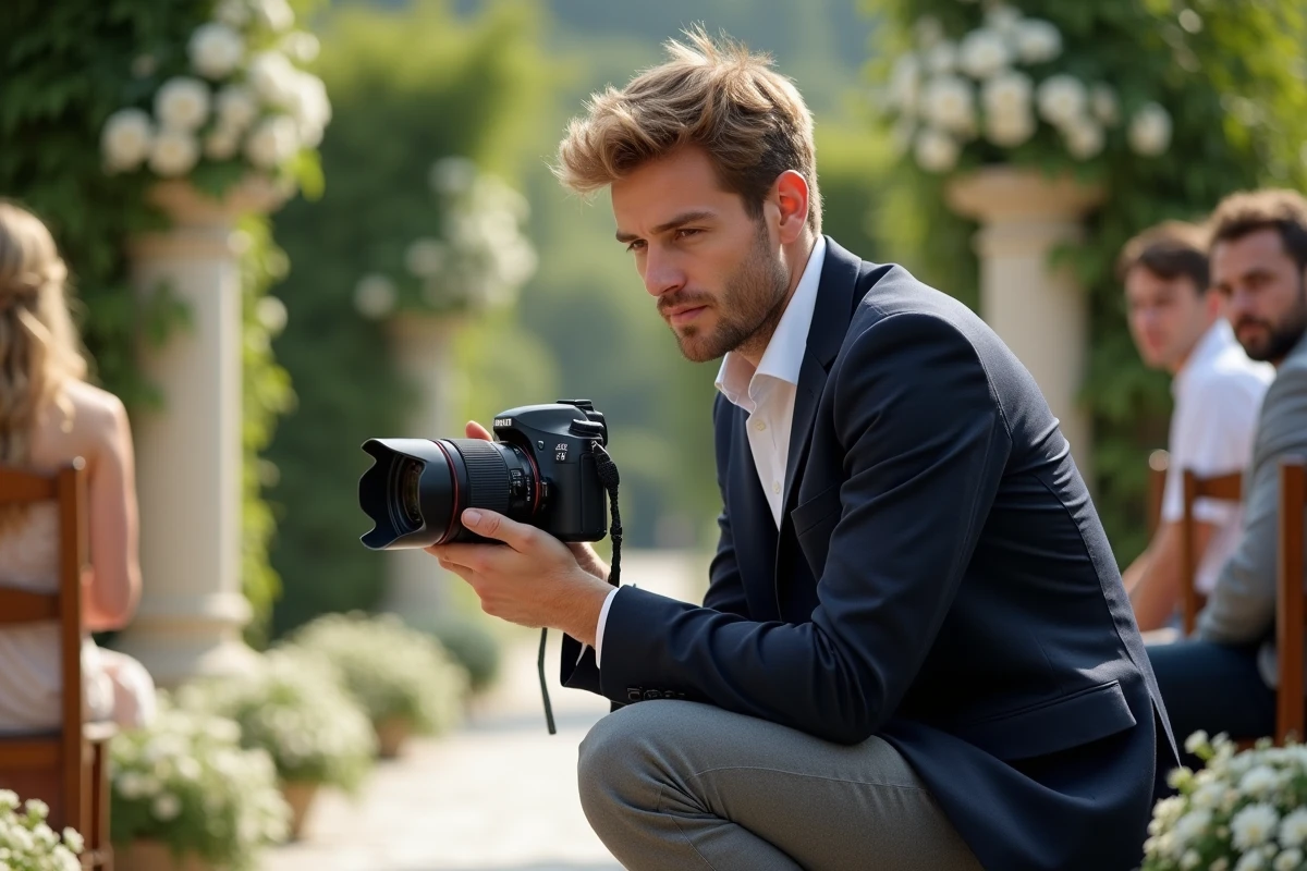 Photographe de mariage professionnel en action lors d'une cérémonie en extérieur dans un jardin de château, illustrant le choix d'un prestataire adapté à votre style de mariage