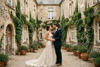 Couple de mariés devant un château du Val de Loire dans le Loiret, photographié lors d'un mariage élégant en 2026