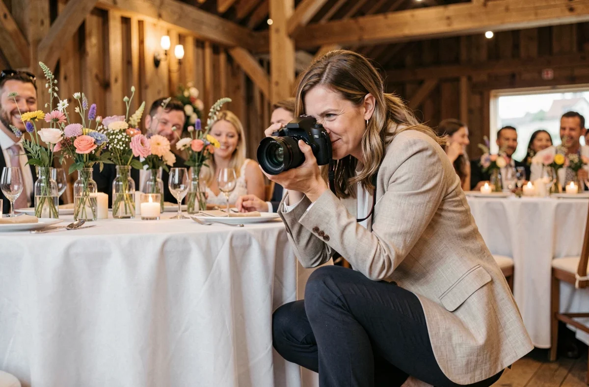 Photographe de mariage professionnelle en action lors d'une réception dans une grange rustique du Loiret