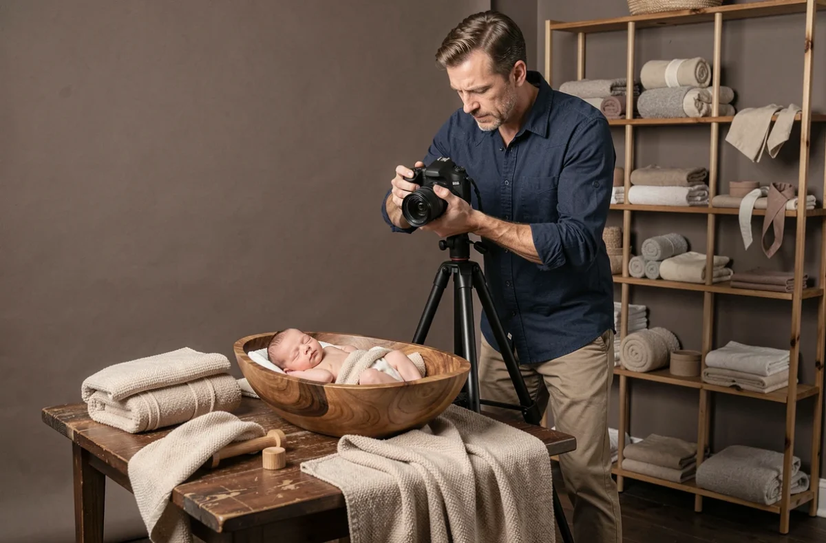 Photographe professionnel masculin installant son appareil photo devant un bébé endormi dans un studio photo bordelais