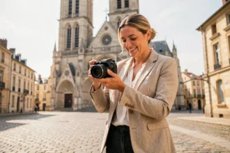 Photographe professionnelle à Angoulême devant la cathédrale, révisant ses photos sur son appareil