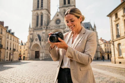 Photographe professionnelle à Angoulême devant la cathédrale, révisant ses photos sur son appareil