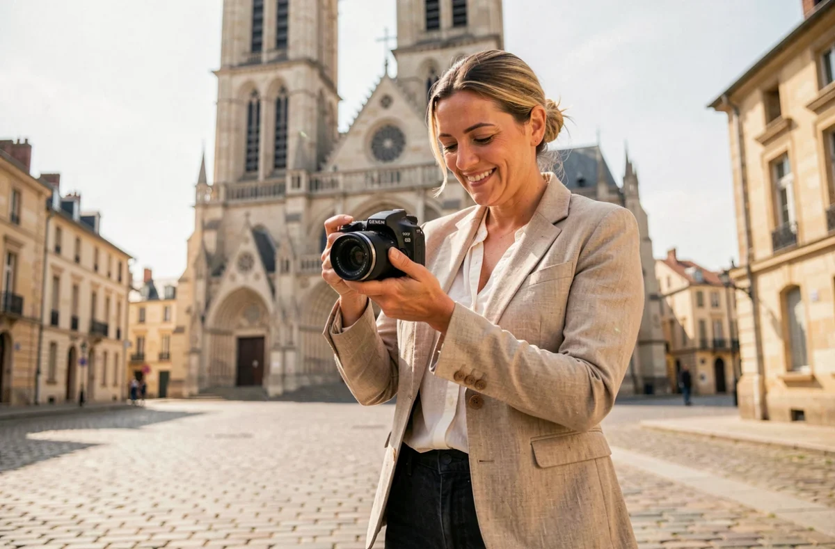 Photographe professionnelle à Angoulême devant la cathédrale, révisant ses photos sur son appareil