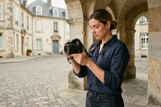 Photographe professionnelle consultant ses clichés devant une arche en pierre dans une rue pavée de Chaumont