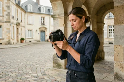 Photographe professionnelle consultant ses clichés devant une arche en pierre dans une rue pavée de Chaumont
