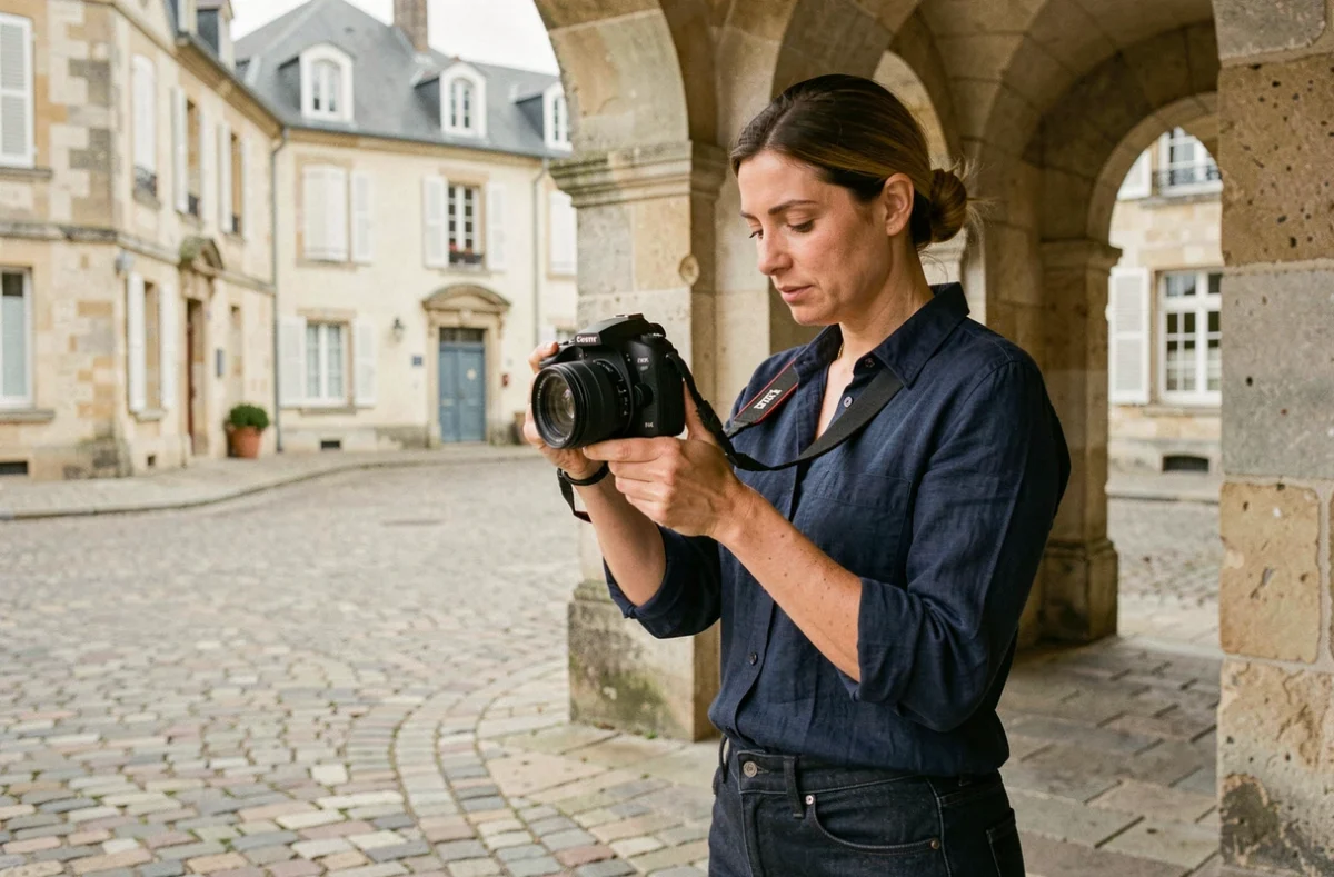 Photographe professionnelle consultant ses clichés devant une arche en pierre dans une rue pavée de Chaumont