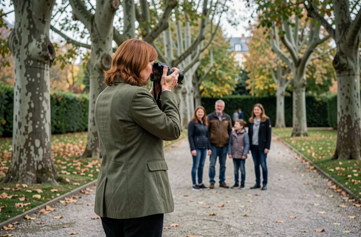 Photographe réalisant une séance portrait en famille dans un parc public aux allées de gravier à Chaumont en automne
