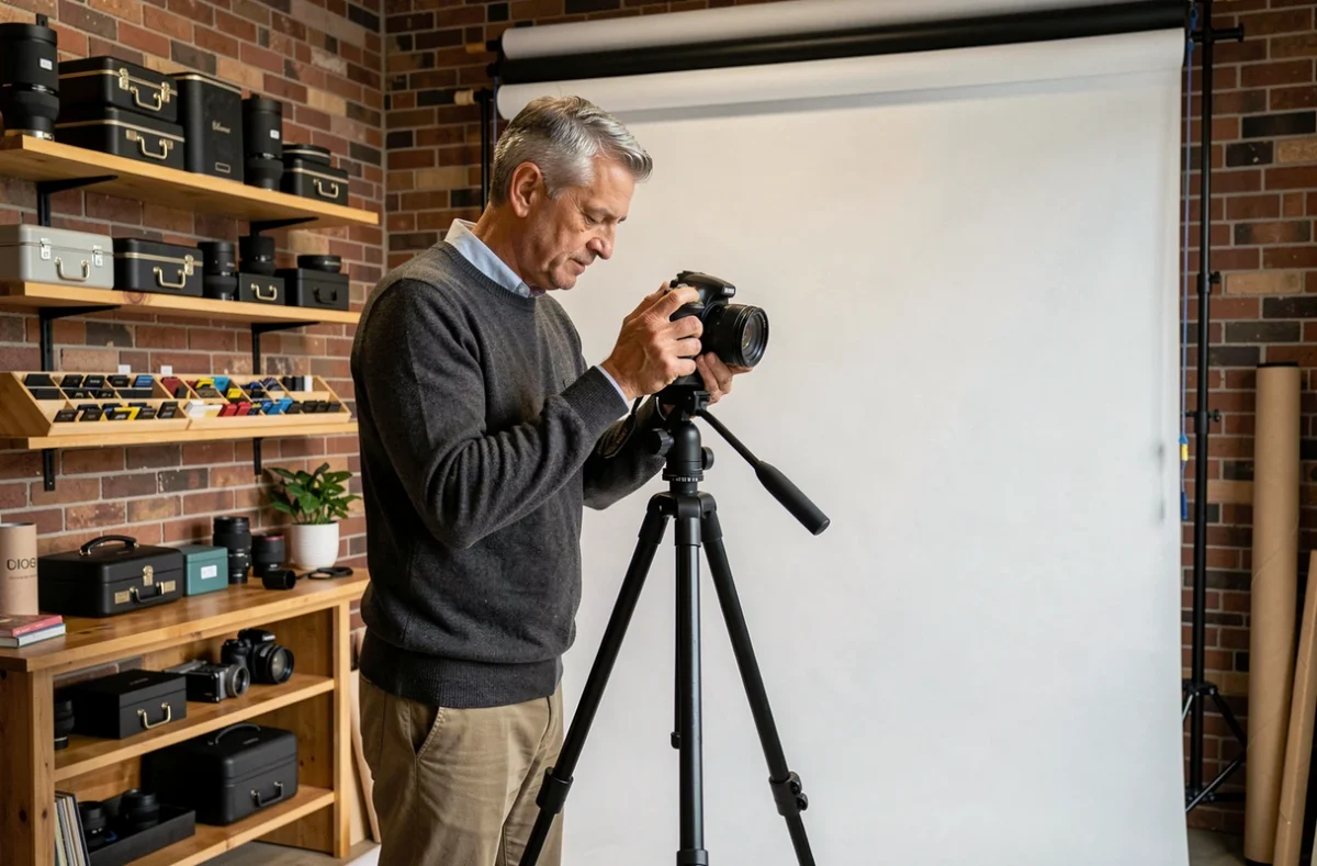 Photographe masculin installant son trépied dans un studio photo à décor en briques apparentes à Chaumont