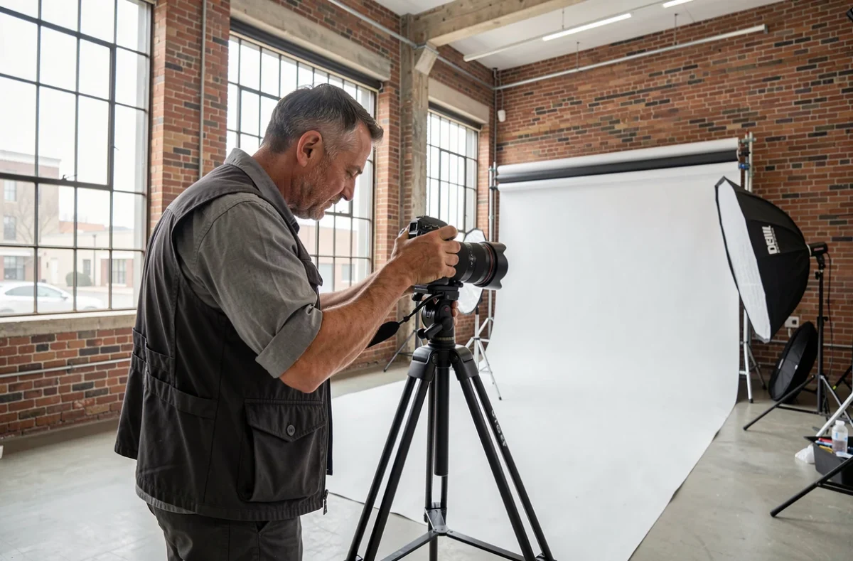 Photographe masculin installant son trépied dans un studio photo professionnel à Angoulême