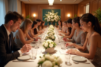 Groupe d'adultes élégants autour d'une table de réception