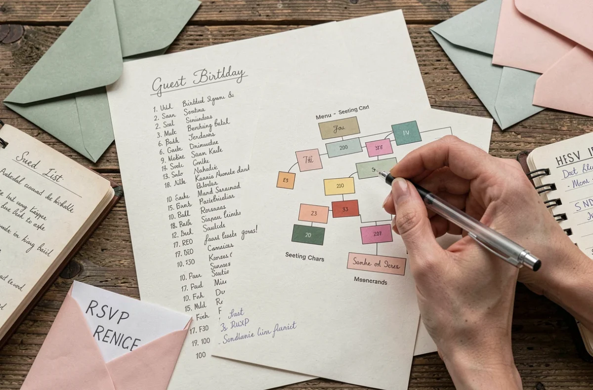 Vue de dessus d'une table avec une liste d'invités manuscrite, un plan de table et des accessoires de planification pour un anniversaire de 100 personnes