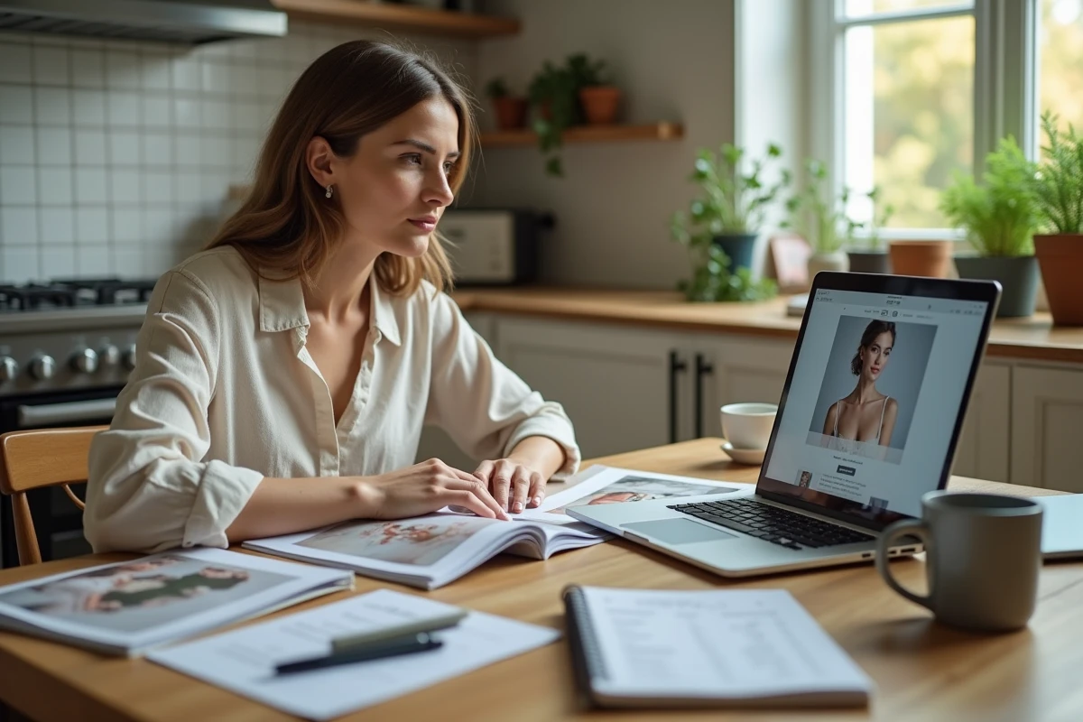 Femme planifiant son budget mariage à la maison, entourée de magazines et d'un ordinateur portable avec des calculs de coûts écrits à la main