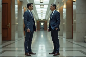 Homme et femme en costume dans un hall moderne officiel