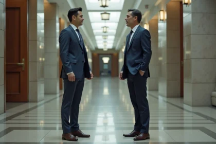 Homme et femme en costume dans un hall moderne officiel