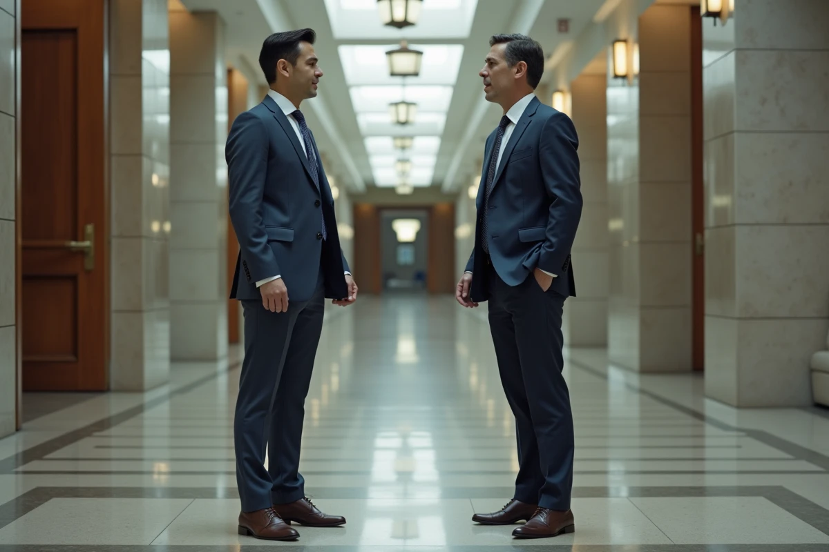 Homme et femme en costume dans un hall moderne officiel