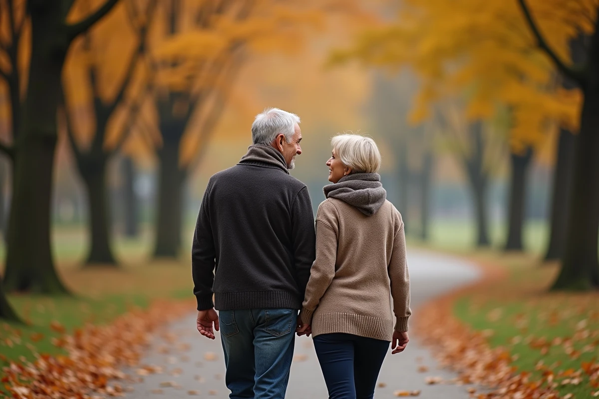 Couple marche dans un parc automnal en se regardant