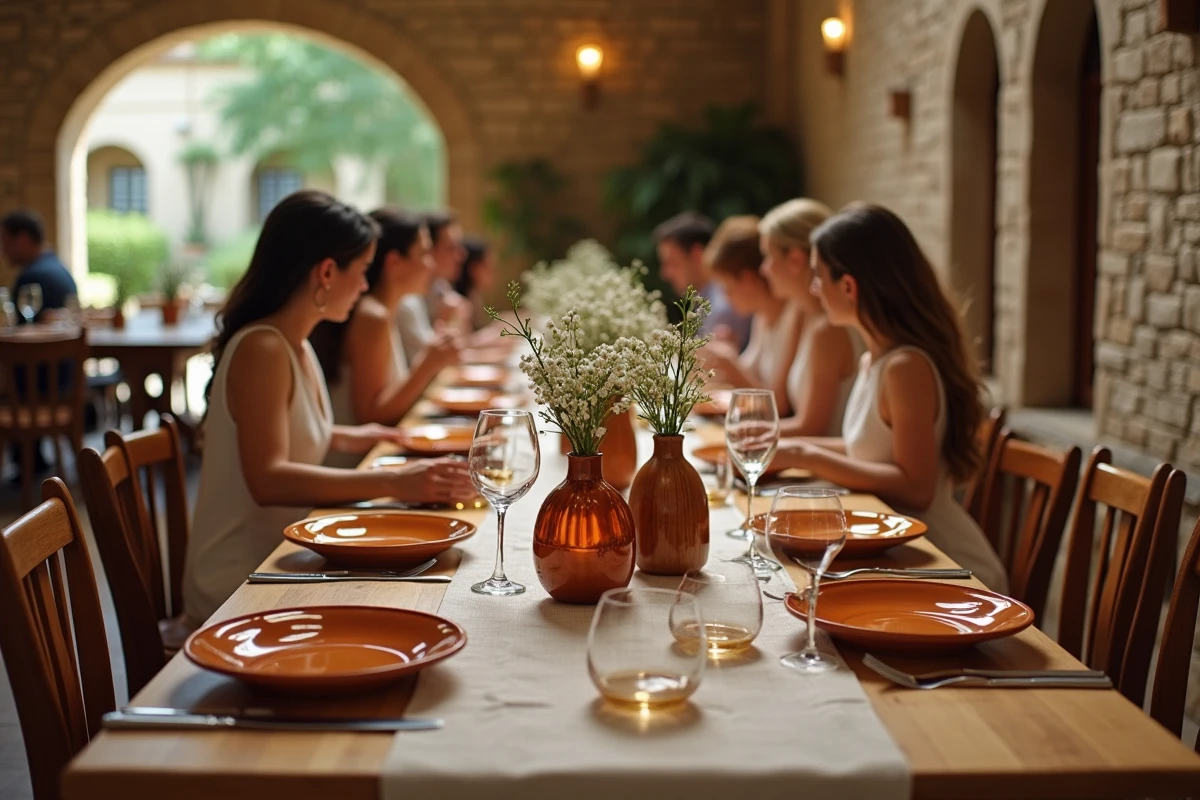 Réception de mariage albanais dans une maison d'hôtes traditionnelle avec longues tables en bois dressées et invités en tenue estivale élégante