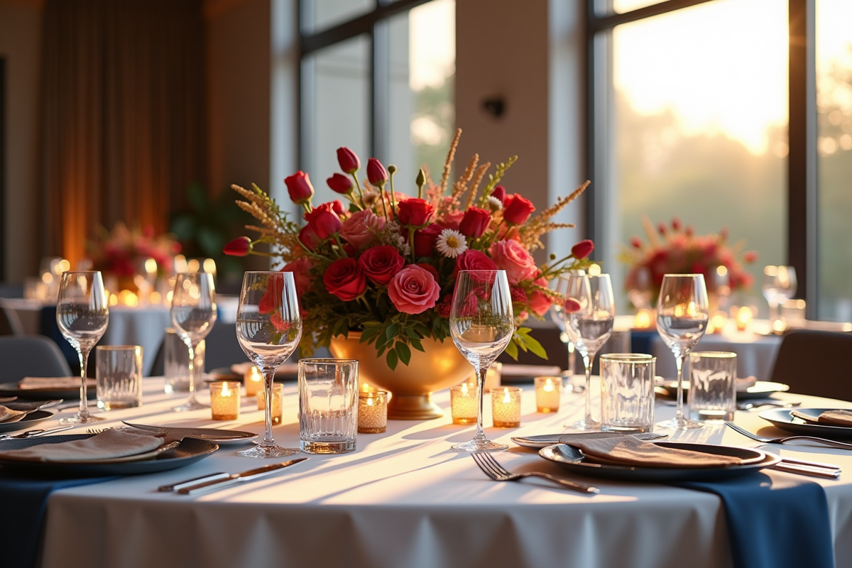 Table de réception de mariage moderne avec décoration en bleu marine et or