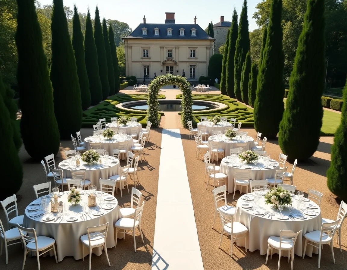 Vue large d'une réception de mariage en plein air dans un domaine du Pays de la Loire avec allées arborées et décoration florale