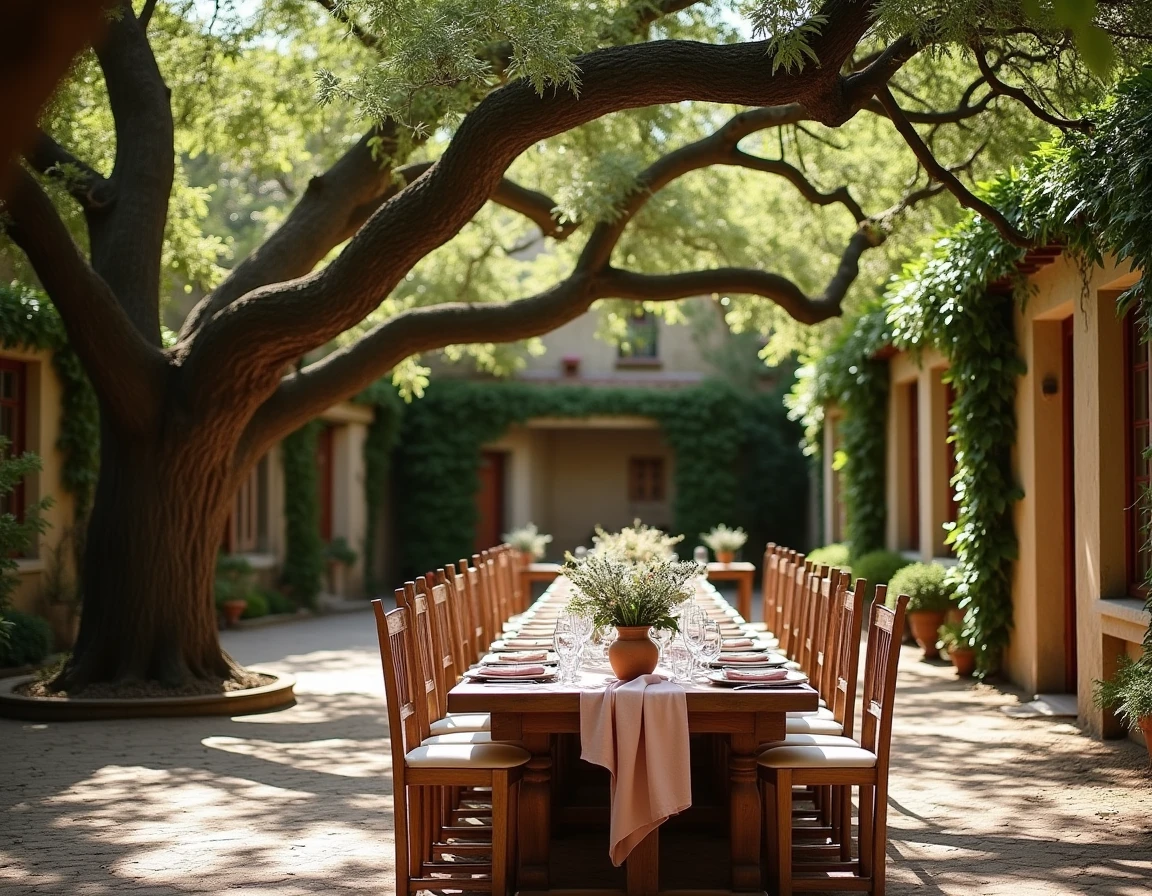 Table de réception de mariage en plein air sous les platanes dans la cour d'un mas en pierre près de Gordes en Provence