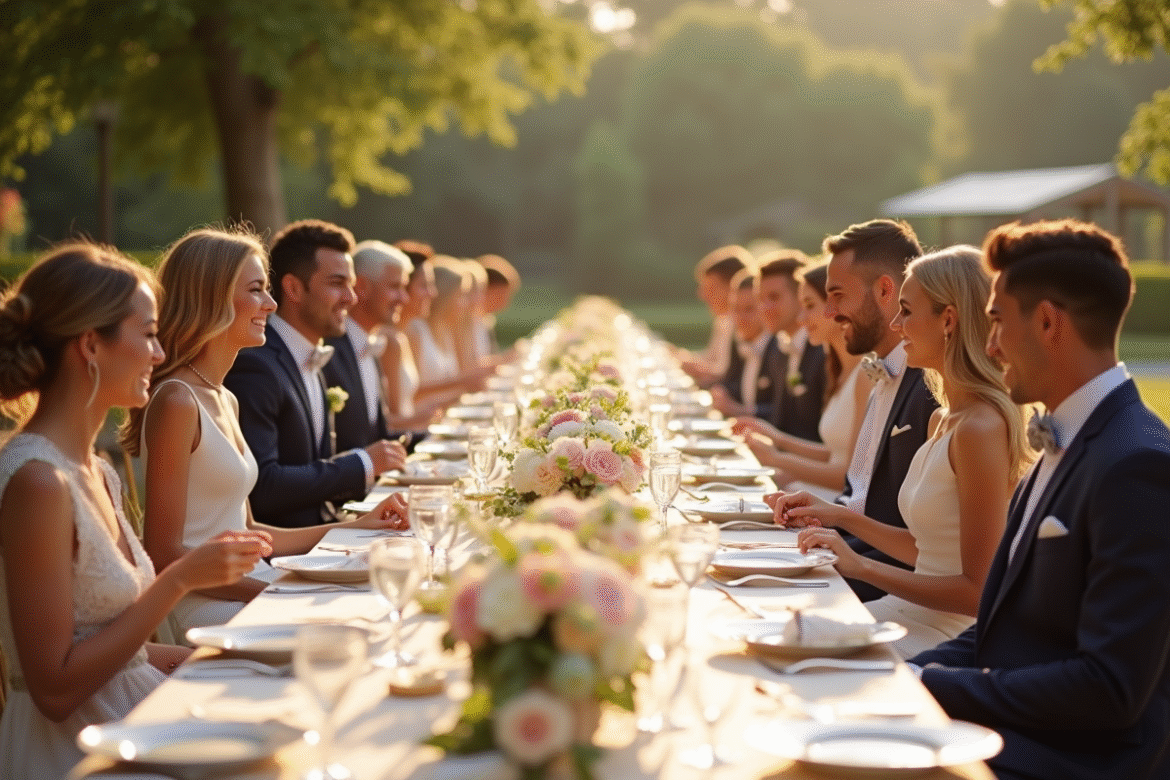 Réception de mariage en plein air avec tables élégantes