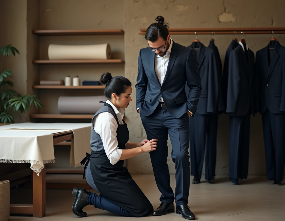 Couturière parisienne réalisant des retouches sur le costume de mariage d'un marié dans un atelier de tailleur traditionnel