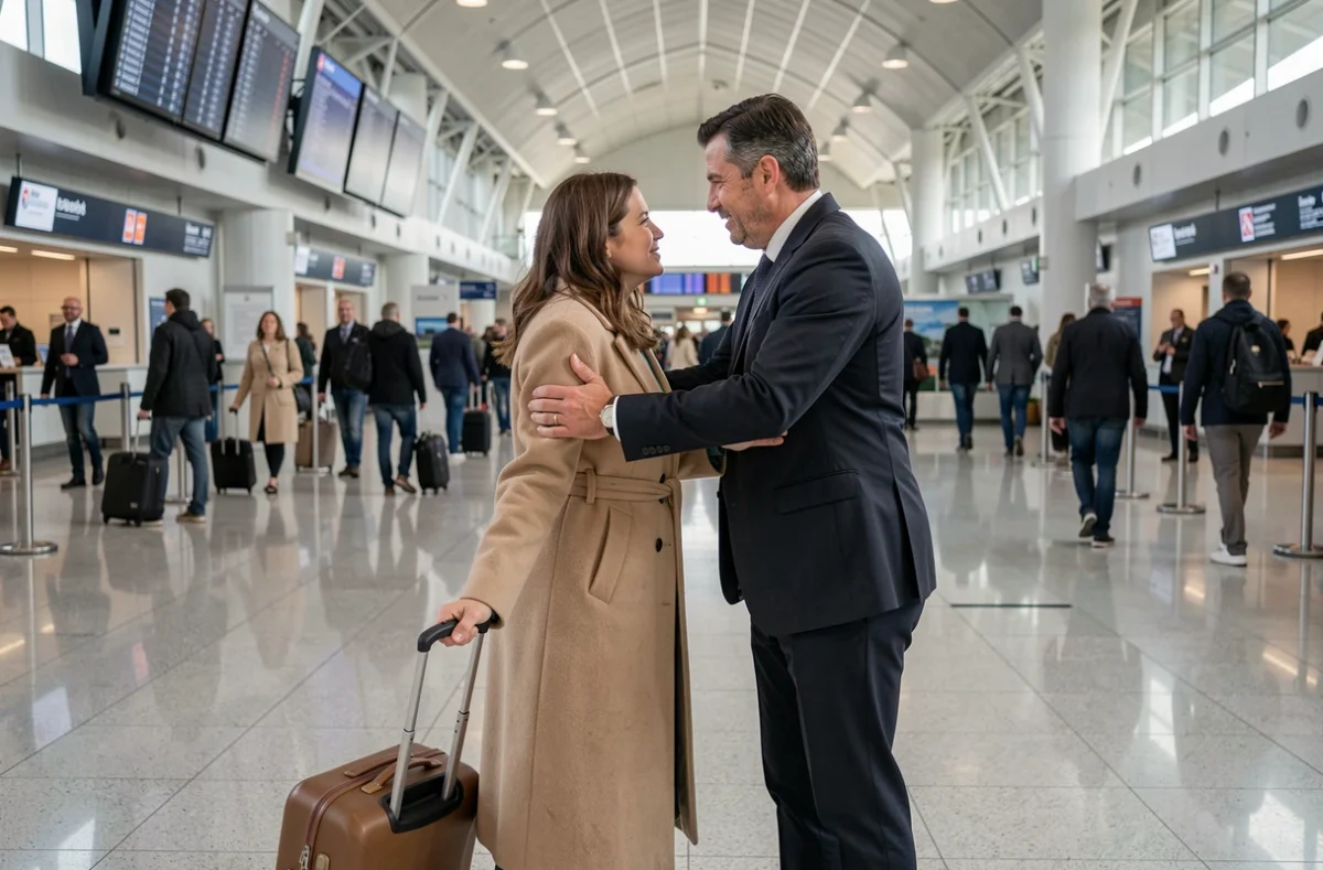 Couple se retrouvant dans un hall d'aéroport après une longue séparation due aux tournées artistiques