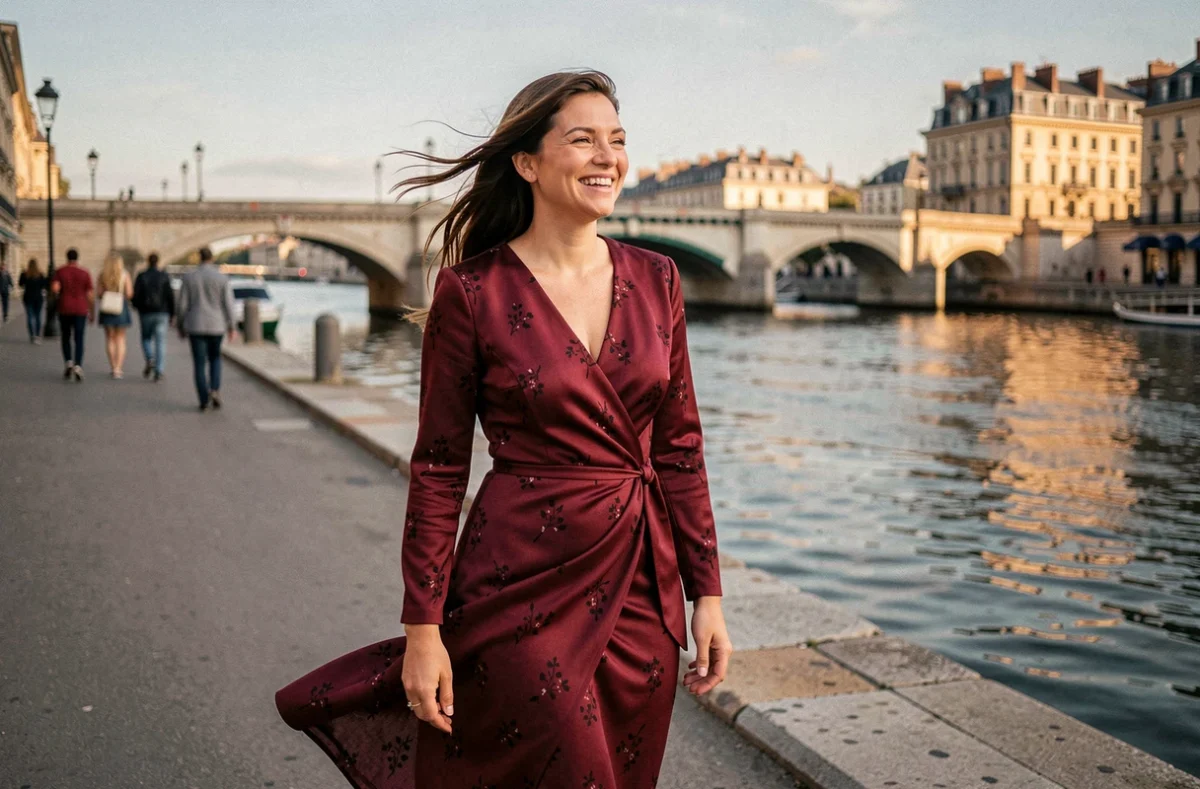 Femme en robe bordeaux marchant sur les quais de la Garonne à Bordeaux