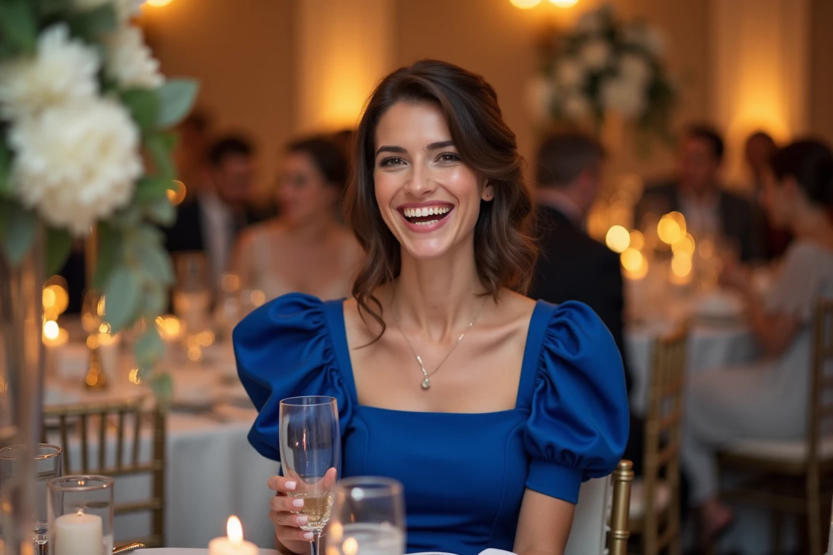 Femme en robe de cérémonie bleue cobalt mi-longue assise à une table de réception de mariage avec une coupe de champagne