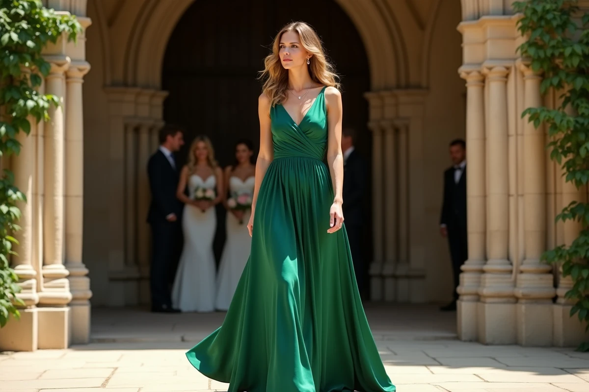 Femme portant une robe de cérémonie longue en soie vert émeraude à l'entrée d'une église en pierre lors d'un mariage
