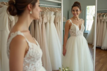 Jeune mariée essayant une robe de mariage abordable dans une boutique élégante, regardant son reflet dans un miroir avec une expression satisfaite