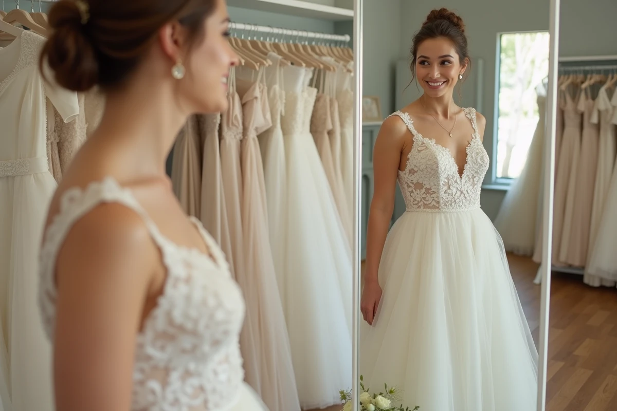 Jeune mariée essayant une robe de mariage abordable dans une boutique élégante, regardant son reflet dans un miroir avec une expression satisfaite